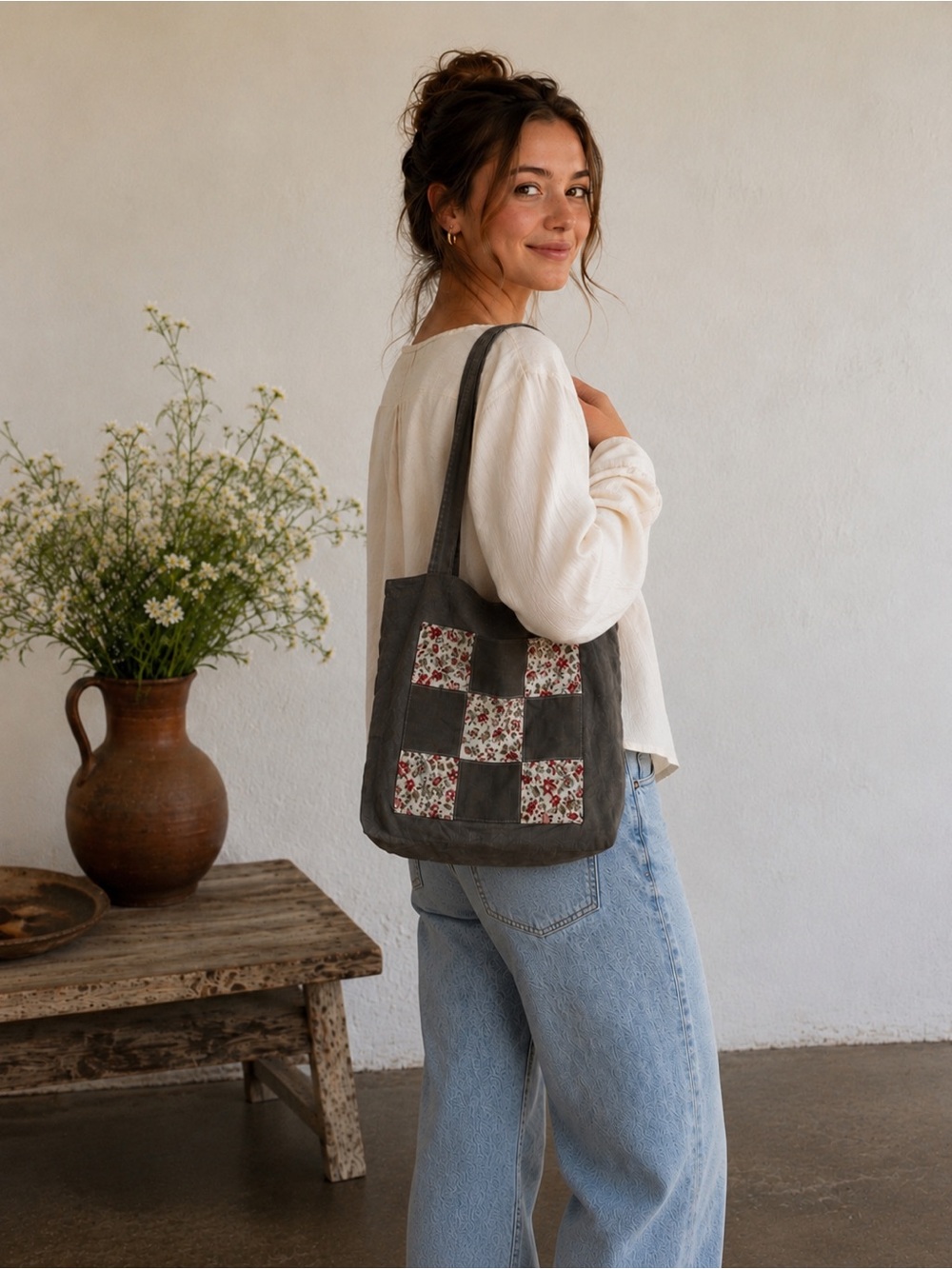 Linen Floral Patchwork Tote Bag